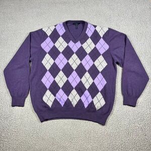 Enzo Mantovani Sweater Mens Purple Argyle 100% Cashmere V-Neck Made in Italy L
